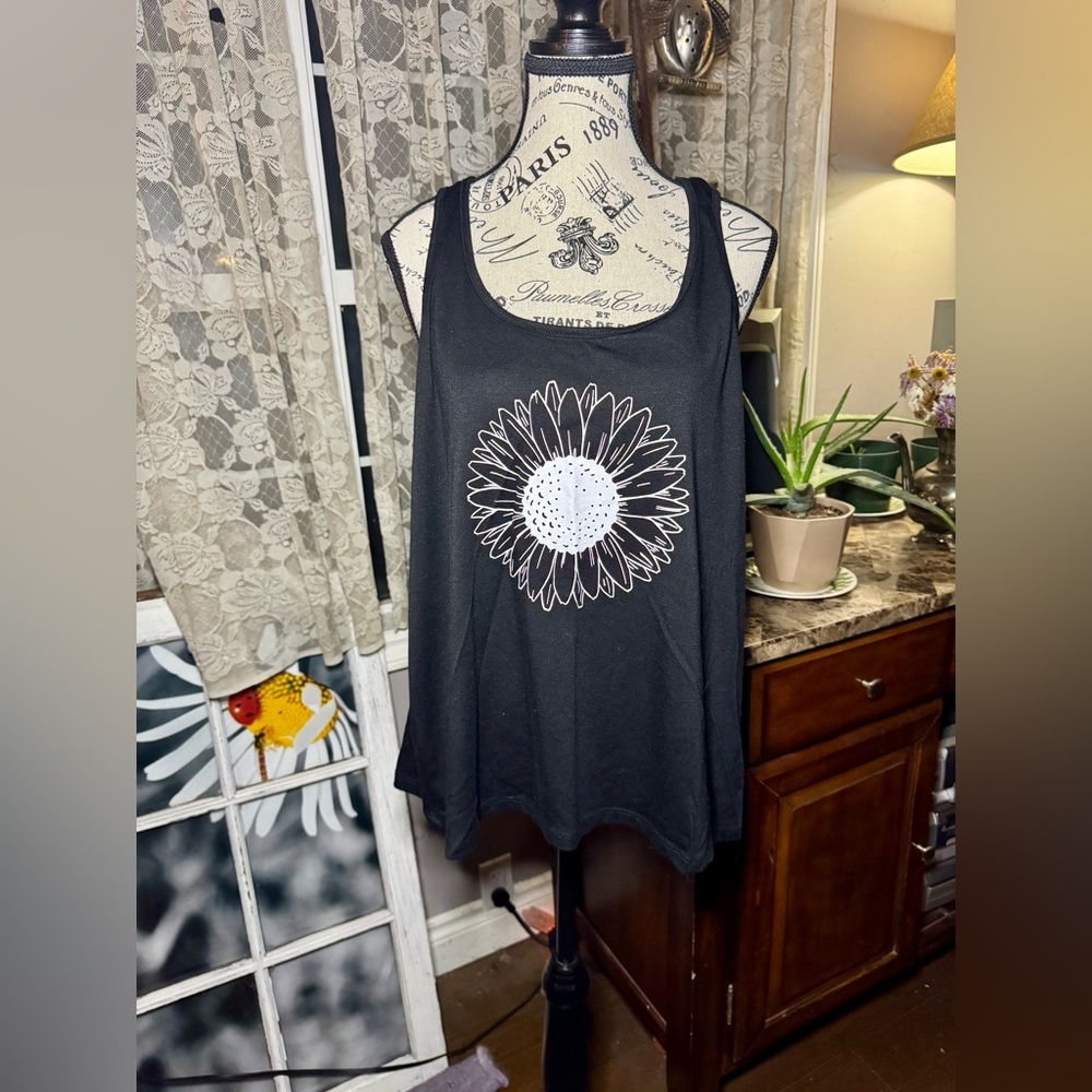 Warehouse Black Relaxed Tank Top with Bold Sunflower Design
